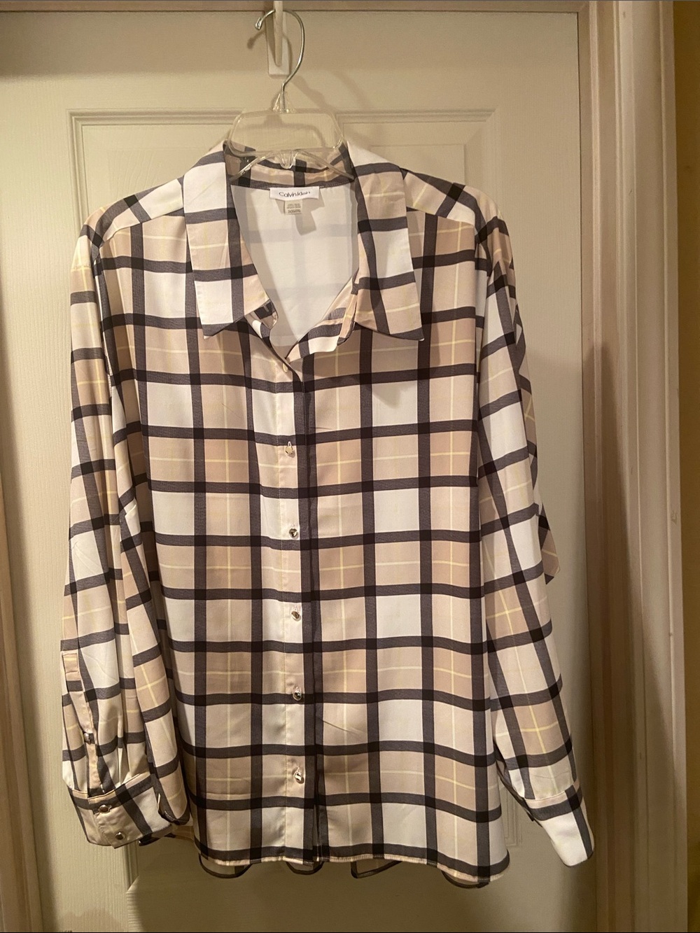 Calvin Klein White and Beige Plaid Button-Up Blouse